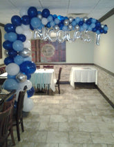 Colorful organic L-shape balloon arch with custom name letters, 7 FT x 6 FT party backdrop